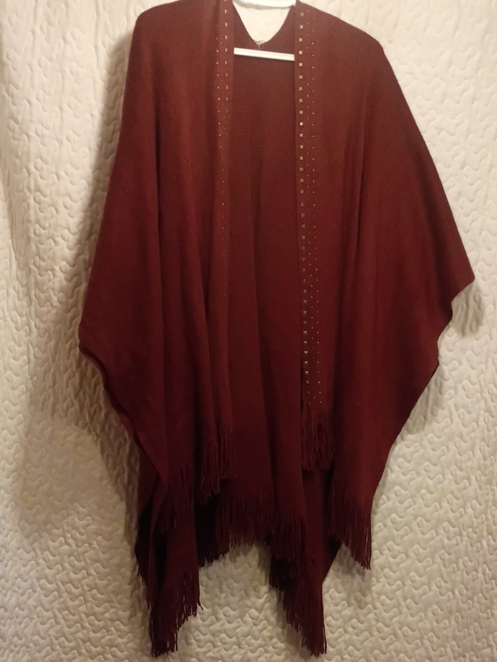 Studded Fringe Poncho in Deep Rust